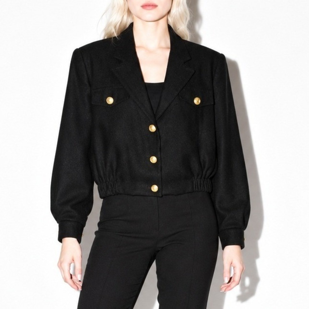 80s Vintage Black Wool Cropped Bomber Jacket Womens 10 Military Blassport Gold